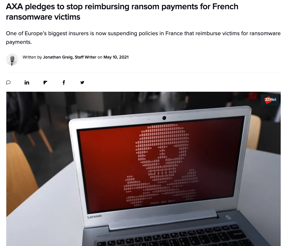 Artikel: AXA pledges to stop reimbursing ransom payments for French ransomware victims